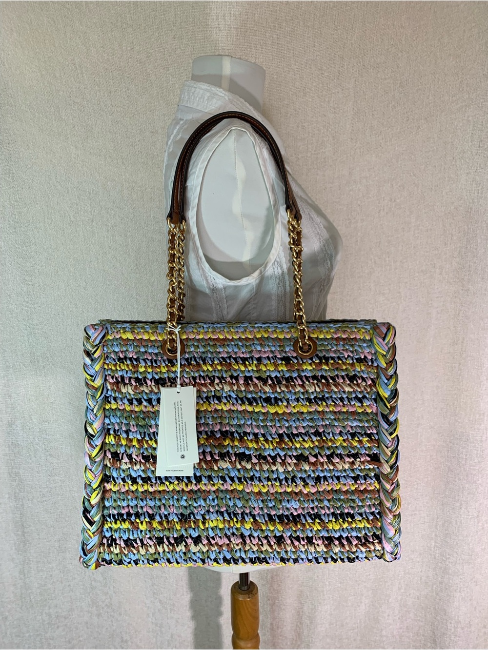 Tory Burch Ella Raffia Melange Multicolor Small Chain Tote - Picture 11 of 16
